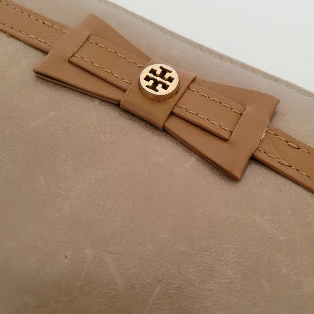 Tory‎ Burch Beige Bow Leather Zip Around Large Wallet Long Clutch Logo
